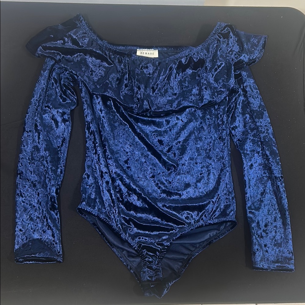Blue Velvet Bodysuit with Asymmetrical Neckline